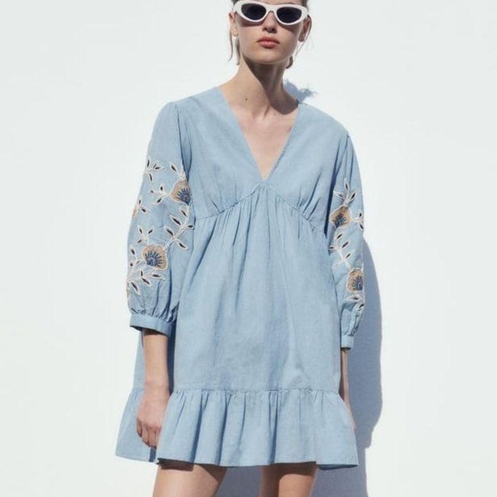 ZARA Blue Embroidered Linen Blend Babydoll Mini Dress V-Neck Boho Festival Y2K